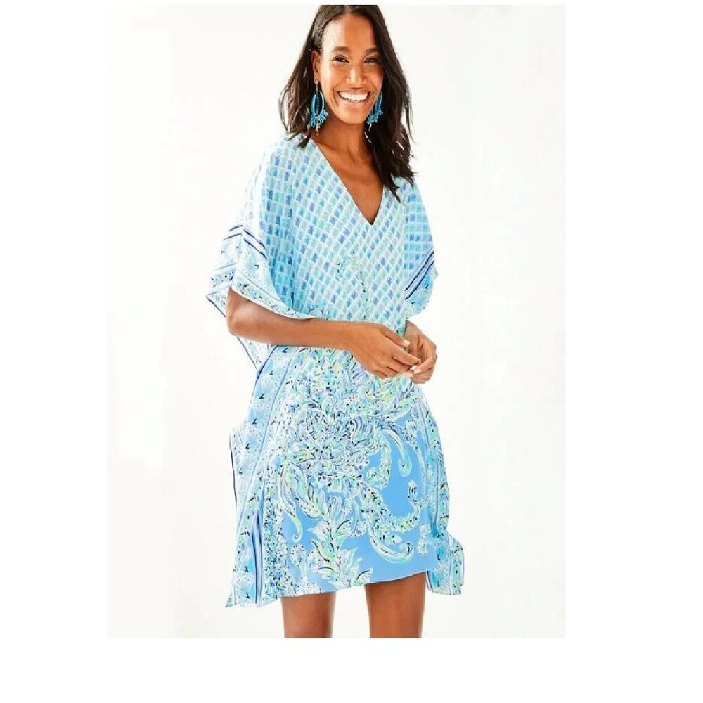 Lilly Pulitzer Lindamarie Silk Caftan Bondi Blue Scuba Do sz S/M